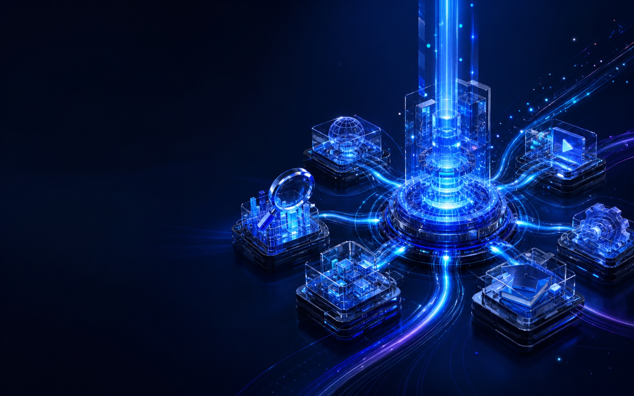 A connected digital system representing software, automation, growth and media