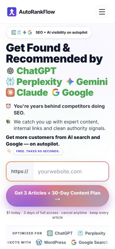 AutoRankFlow mobile website showing its AI and search visibility platform